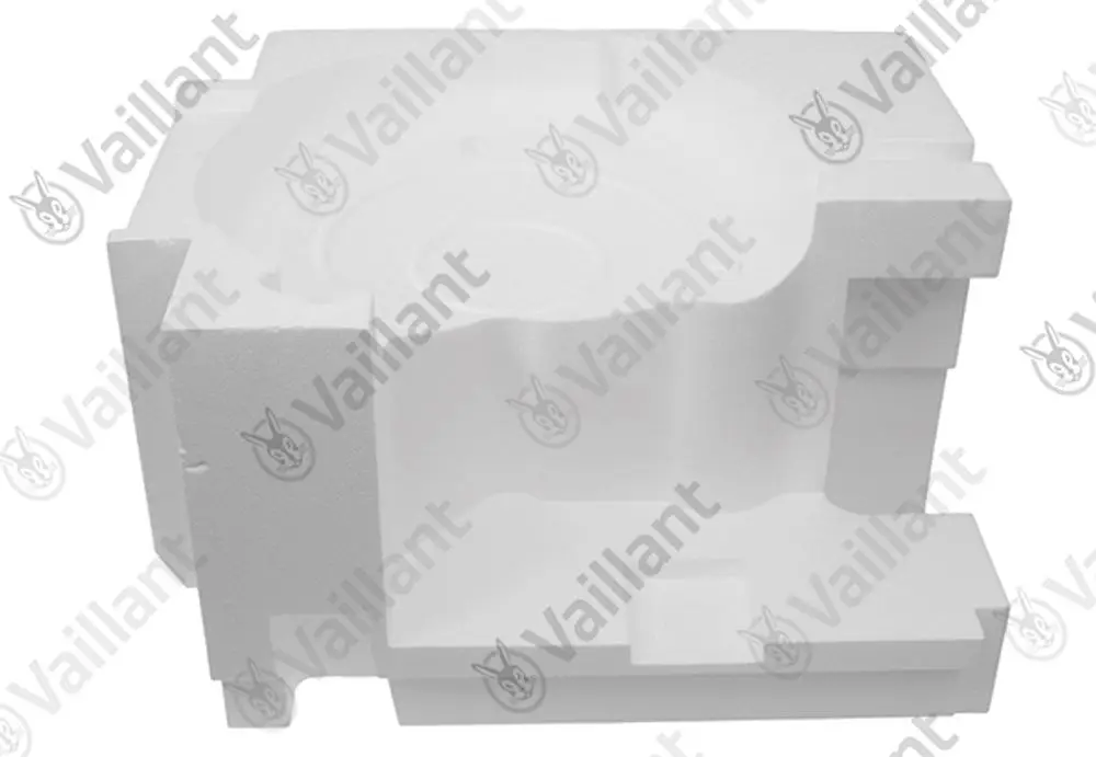 Isoliermaterial aus Polystyrol in Weiß, geformt zur Aufnahme eines spezifischen Bauteils, mit schützendem Design. Produkt der Marke Vaillant.